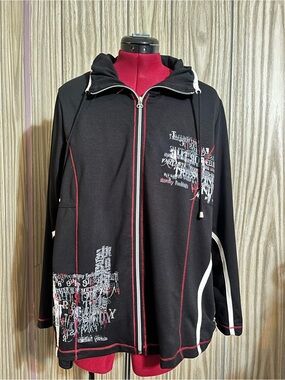 Claire France Black Women's Zip-Front Graphic Jacket with White Trim